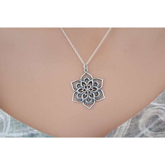 Sterling Silver Openwork Lotus Pendant Necklace - Picture 3 of 4